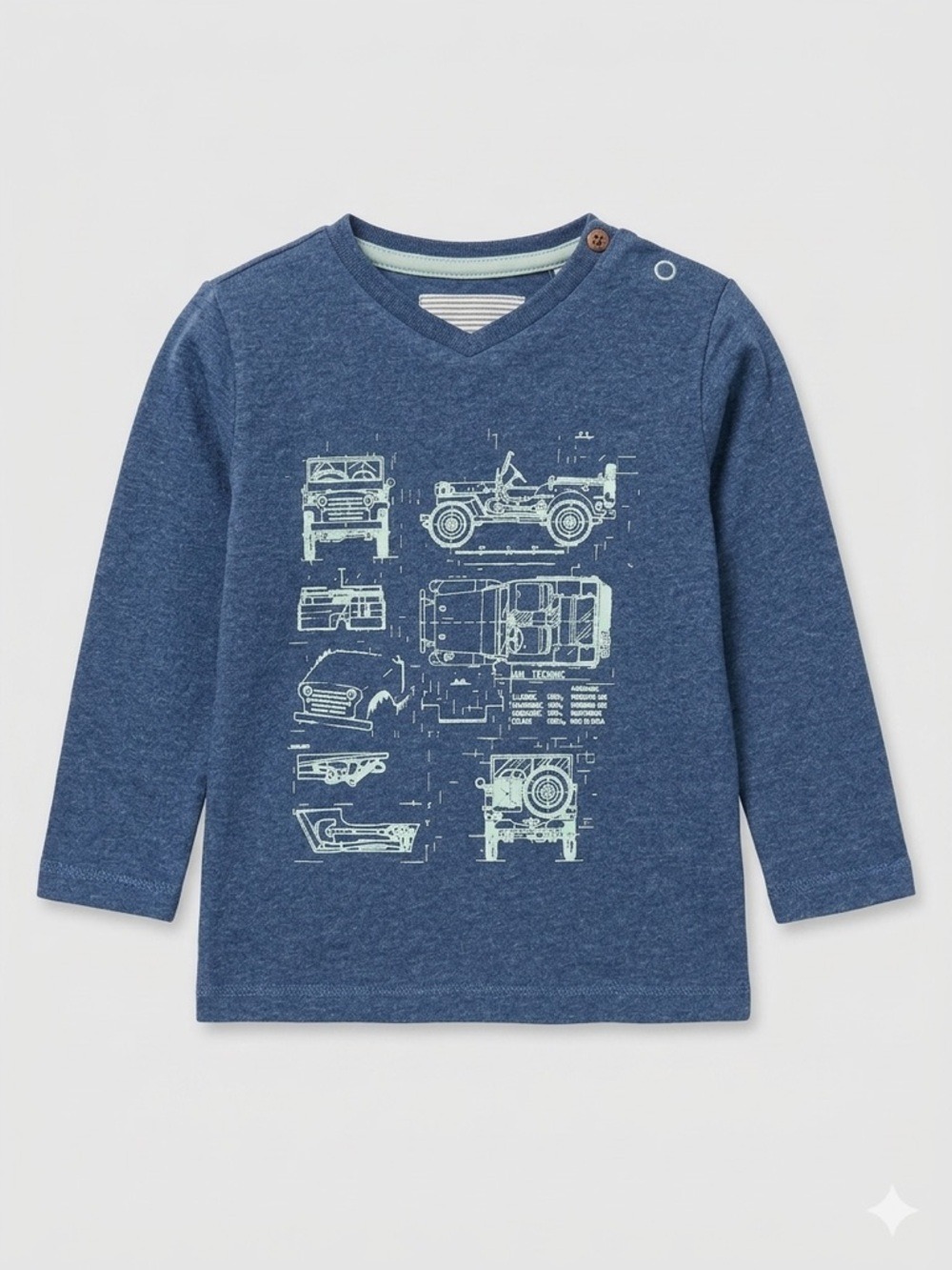 Noppies Navy Blue Long Sleeve Tee with Light Blue Vehicle Blueprint